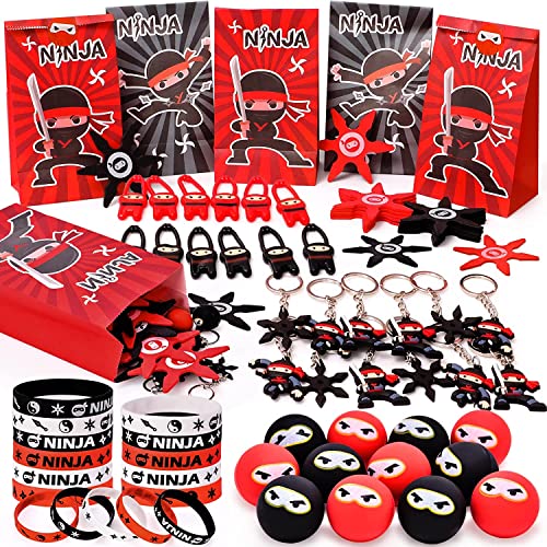 72 Piezas Ninja Pinata Cumpleaños Niños Ninja Pelotas Saltarinas Pulsera Silicona Ninja Elasticidad Catapulta Llavero Bolsas de Regalos Ninja Warrior Favores de Fiesta Regalos para Niños