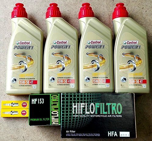 Kit de revisión para Ducati Monster 696 2008 - 2013 con 4 litros de aceite Castrol Power 1 15W50, 1 filtro de aceite HiFlo HF153, 1 filtro de aire HiFlo HF6001, 2 bujías NGK DCPR8E