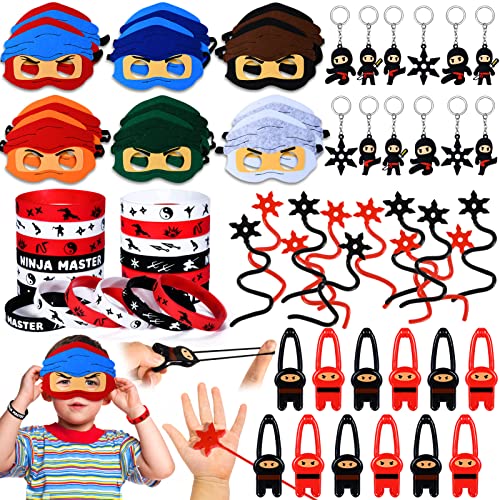 60 Piezas Ninja Pinata Cumpleaños Niños Ninja Máscara Llavero Pulsera Silicona Elasticidad Catapulta Viscosidad Juguete Ninja Warrior Favores de Fiesta Regalos para Niños