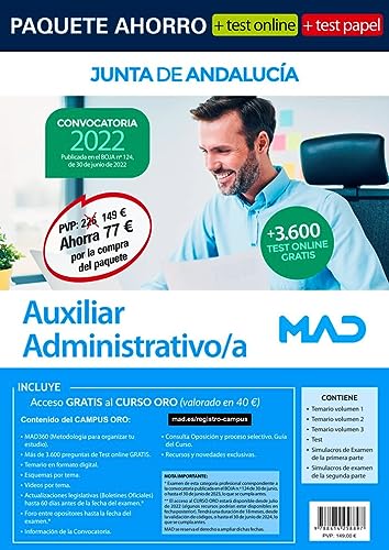 Paquete Ahorro + TEST PAPEL Y ONLINE Auxiliar Administrativo/a Junta de Andalucía. Ahorra 77€ (incluye en papel: Temario volúmenes 1, 2 y 3; Test; ... parte; y acceso online gratis al Curso Oro)