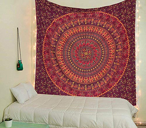 Tapiz Hipistry Hub con estampados de Mandala, camellos, elefantes y pavos reales, para colgar en la pared, como manta hippie, para la playa o como colcha, color marrón