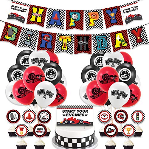 YUIP 38 Piezas Decoracion de Fiestas de Coche de Carreras Race Car Banner de Cumpleaños de Carreras Banderas a Cuadros Globos para Niños Suministros de Fiesta de Cumpleaños de Racing Cupcake Toppers